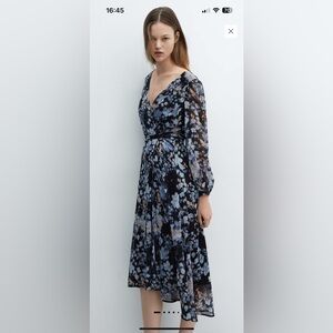 Mango Long Sleeve Floral Dress - Blue and Black